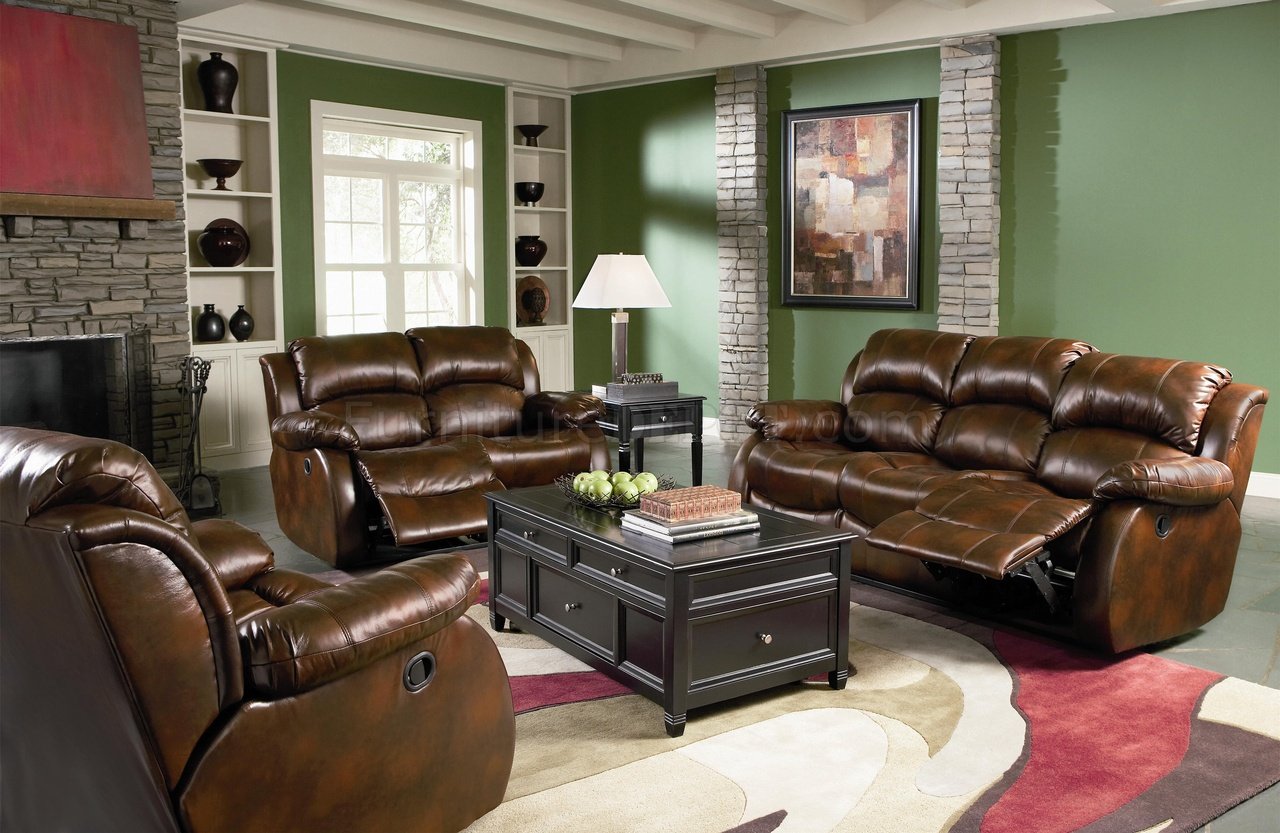Living Room With Green Walls And Brown Furniture