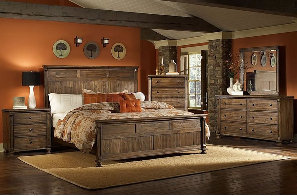 Warm Rustic Finish Traditional Bedroom w/Panel Bed & Options