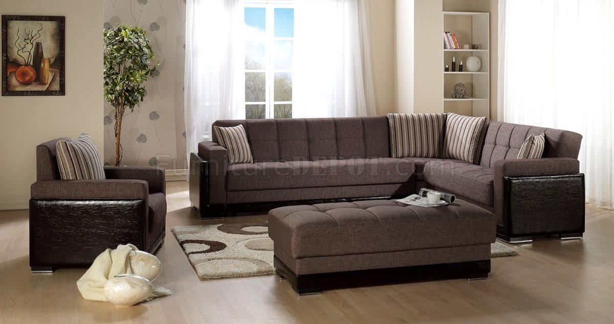 brown fabric & dark leatherette convertible sectional sofa bed