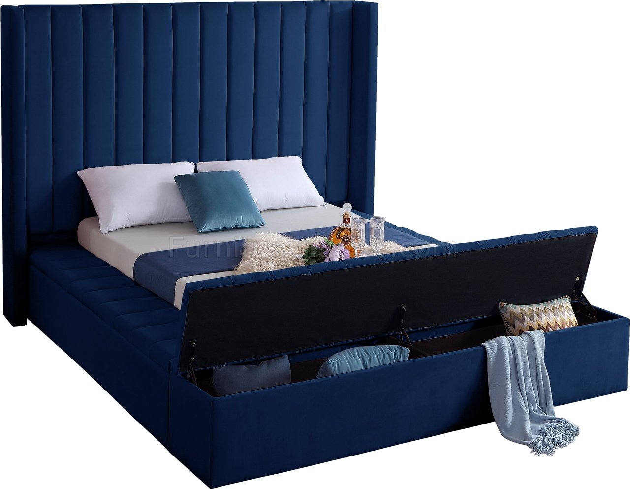 Kiki Upholstered Bed In Navy Velvet Fabric By Meridian