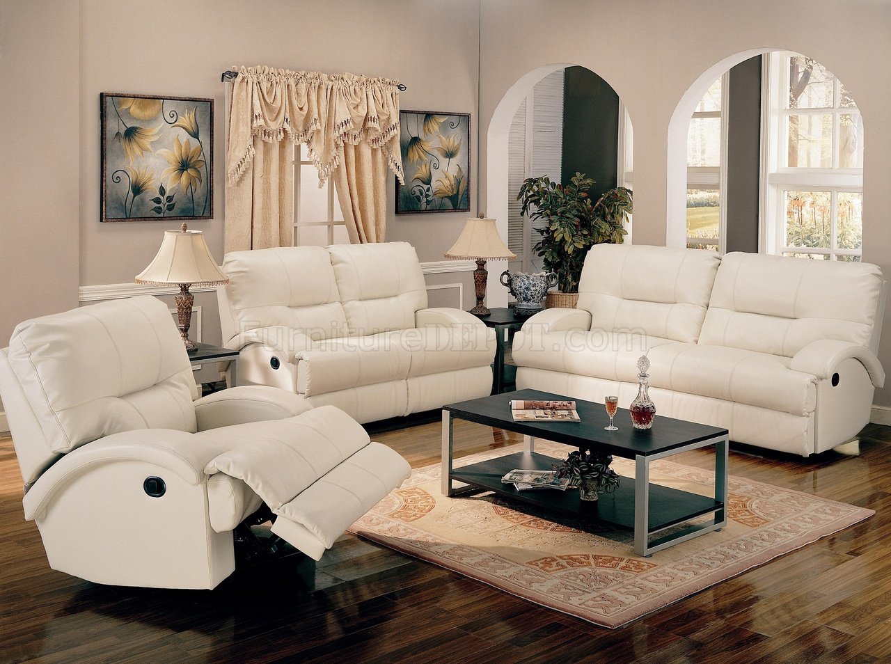 living room with white leather sofa