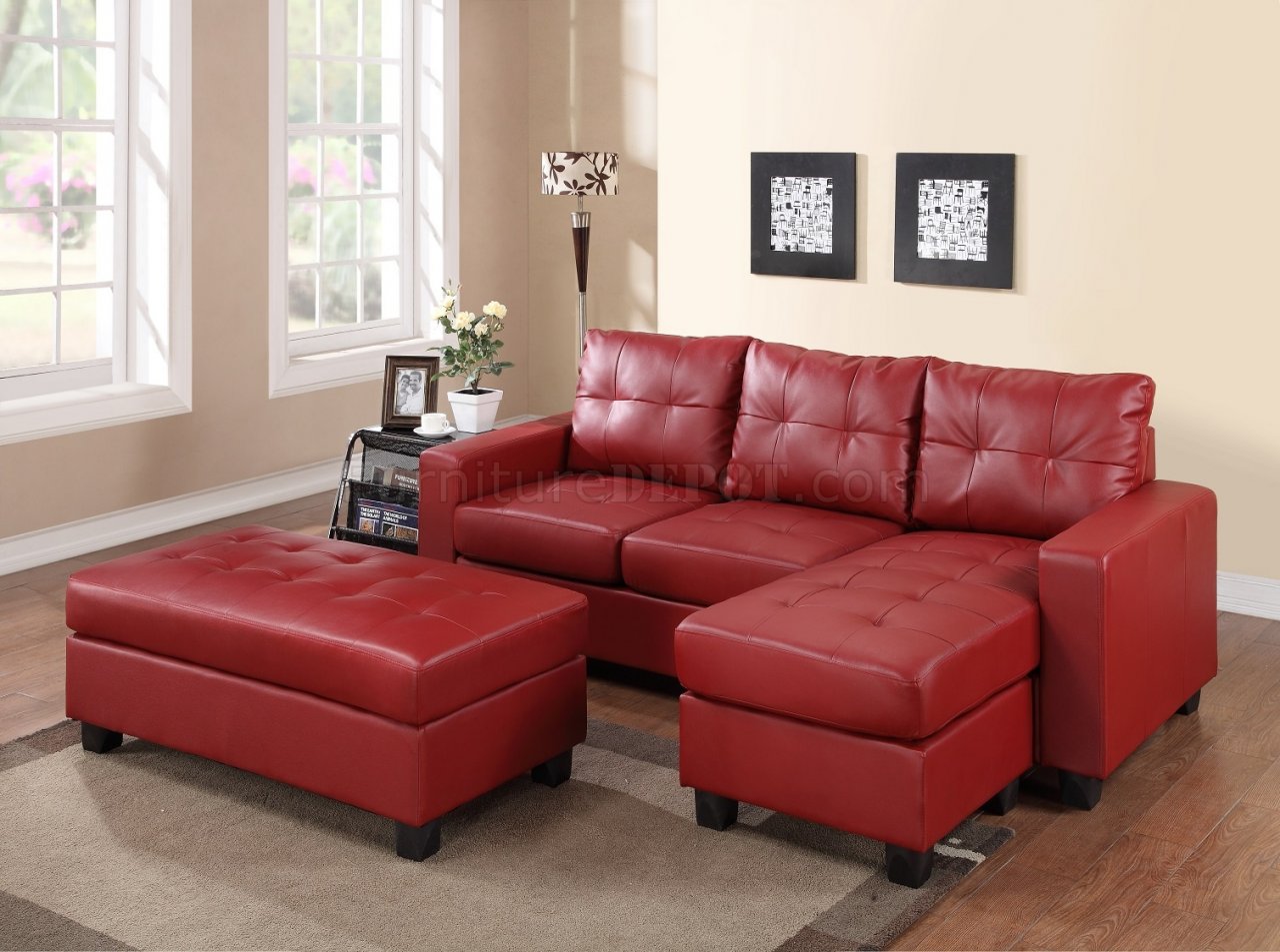 red bonded leather sofa