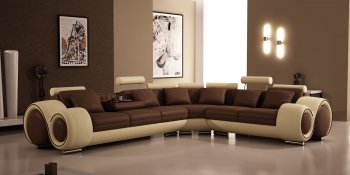 Brown & Creamy Leather Modern Sectional Sofa w/Metal Legs [THSS-LF-4087]