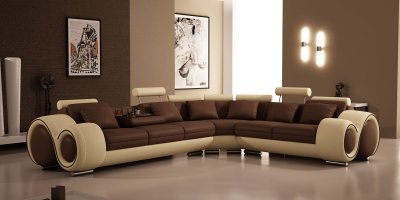 Brown & Creamy Leather Modern Sectional Sofa w/Metal Legs