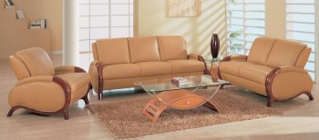 Elegant Tan Leather Living Room Set with Wooden Accents [GFS-727]