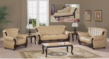 Beige Leather Living Room Sofa w/Cappuccino Wooden Accents [GFS-9110 Beige]