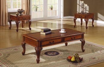 Walnut Traditional 3Pc Coffee Table w/Leather Like Antique Top [HLCT-T435]