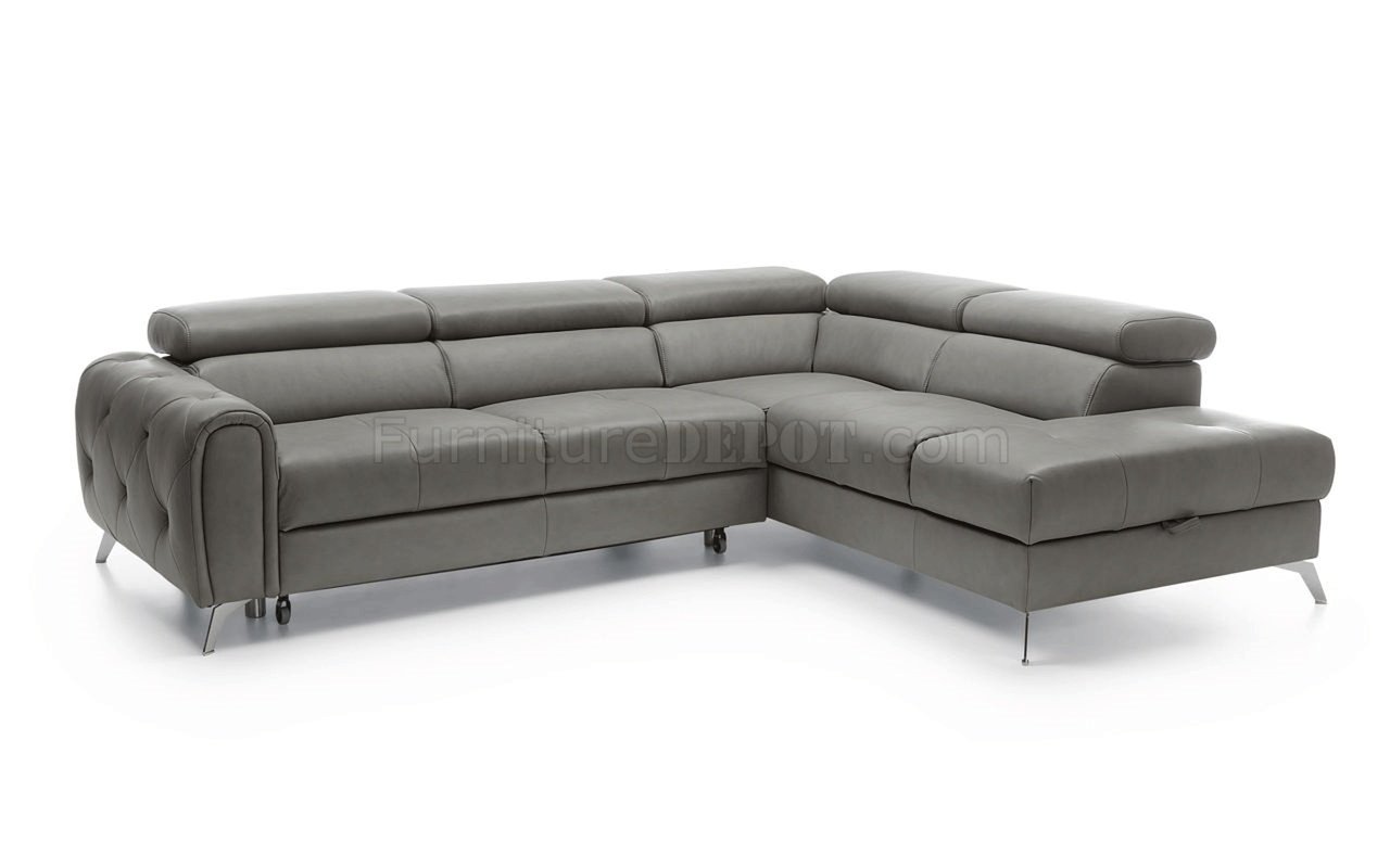 Camelia Sectional Sofa Grey Full Leather by ESF w/ Bed & Storage