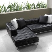 Black Button Tufted Leather Modern Sectional Sofa w/Steel Legs