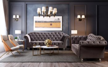 Darcy Sofa & Loveseat Set in Grey Velvet Fabric [KCS-Darcy Grey Medium]