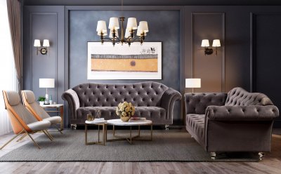 Darcy Sofa & Loveseat Set in Grey Velvet Fabric