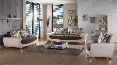 Brown Fabric & White Vinyl Modern Sofa & Loveseat Set w/Options