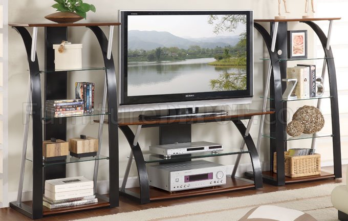 Two-Tone Black & Walnut Modern TV Stand w/2 Shelf Units - Click Image to Close