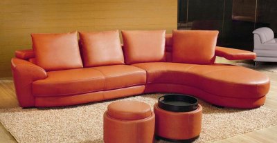 Light Red Leather Modern Sectional Sofa w/2 Ottomans