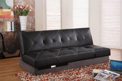 Modern Sleeper Sofa with Tufted Black Leather Upholstery