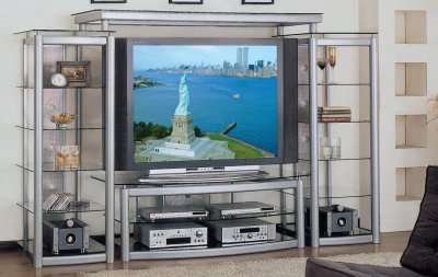 Silver Stainless Steel Modern Entertainment Unit w/Glass Shelves