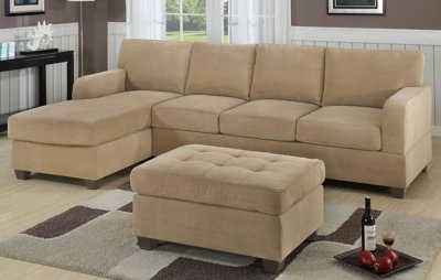 Khaki Waffle Suede Contemporary Sectional Sofa w/Ottoman