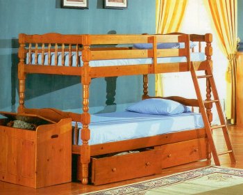 Honey Oak Finish Modern Twin Over Twin Bunk Bed w/Ladder [MAKB-Ponderosa-4520]