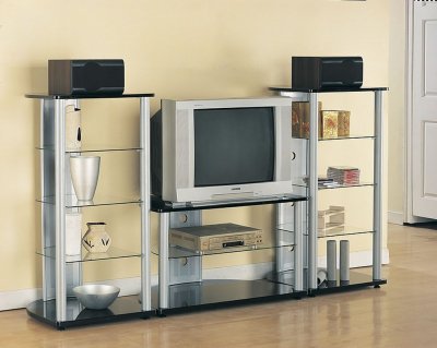 Silver & Black Modern Tv Stand W/Black Glass Shelves