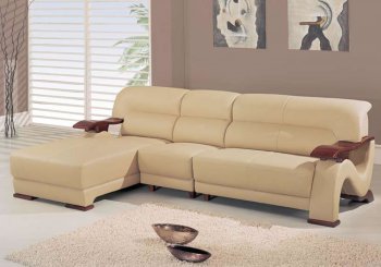 Beige Leather 3 Pc Modern Sectional Sofa W/Cherry Finish Arms [GFSS-2033 3Pc]