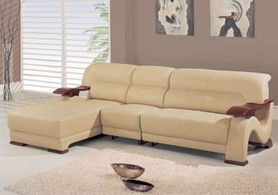 Beige Leather 3 Pc Modern Sectional Sofa W/Cherry Finish Arms