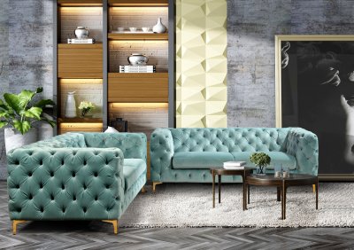 Benedict Sofa & Loveseat Set in Light Blue Velvet Fabric