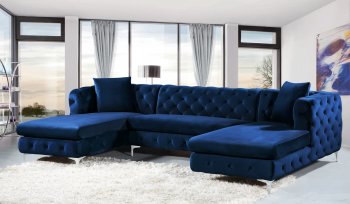 Gail Sectional Sofa 664 in Navy Velvet Fabric by Meridian [MRSS-664 Gail Navy]