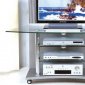 Silver Finish Contemporary TV Stand With Glass Shelves