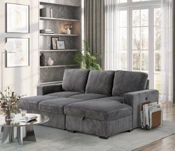 U2260 Sectional Sofa Bed in Gray Corduroy by Global w/Chaise [GFSS-U2660 L w Pullout]