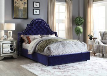 Madison Upholstered Bed in Navy Velvet Fabric w/Options [MRB-Madison Navy]