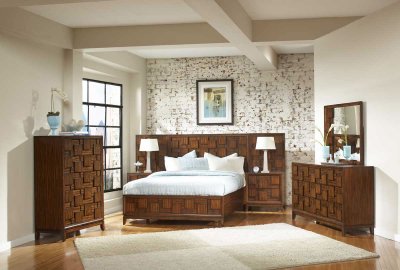 Warm Tobacco Brown Finish Contemporary Bedroom w/Hidden Drawer