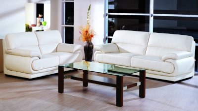 Beige Full Leather Modern Living Room Sofa w/Options