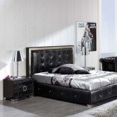 Black Button-Tufted Faux Leather Modern Platform Bed w/Storage