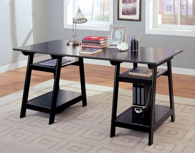 Black Finish Trestle Style Office Desk W/Open Shelves