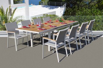 Essence Outdoor Dining Set 9Pc in White w/Grey Sling Chairs [BLOUT-Essence-White-Grey 9pc]