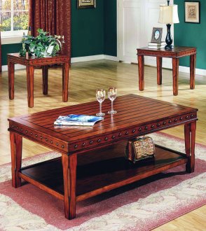 Pine Solid Wood Stylish 3Pc Coffee Table Set w/Nail Head Accents