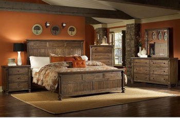 Warm Rustic Finish Traditional Bedroom w/Panel Bed & Options [HEBS-893]