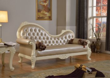 Madrid Chaise 674 in Pearl Bonded Leather w/Crystal Tufting [MRCL-674 Madrid]