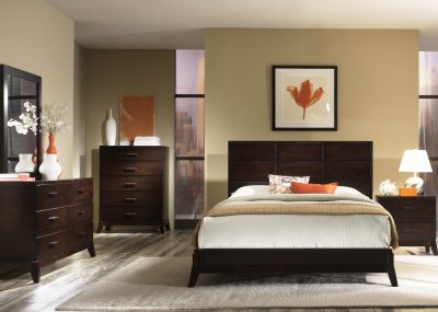 Merlot Finish Modern Bed w/Splay Legs & Optional Case Goods