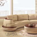 Beige Leather Modern Sectional Sofa W/Cherry Wooden Shelf