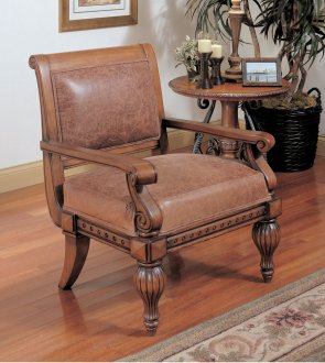 Rich Medium Brown Finish Fabric Accent Chair w/Carving Details