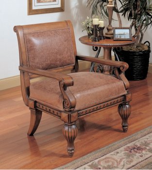 Rich Medium Brown Finish Fabric Accent Chair w/Carving Details [CRAC-504-900201]