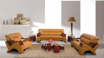 Camel Leather Modern 3Pc Sofa Set w/Wooden Arms [VGS-2034-Camel]