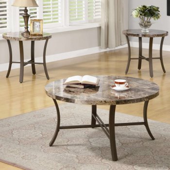 Marble-Like Round Top & Metal Base Modern 3Pc Coffee Table Set [CRCT-701521]