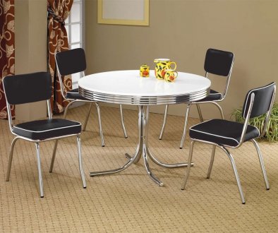 White Round Top Chrome Base Modern 5Pc Dining Set w/Black Chairs