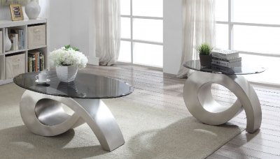 Viggo Coffee Table 83045 in Satin Silver & Smoky Glass by Acme