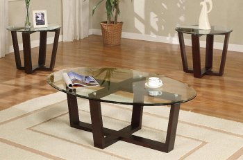 Cherry Brown Modern Artistic 3PC Coffee Table Set w/Glass Tops [PXCT-F3109]