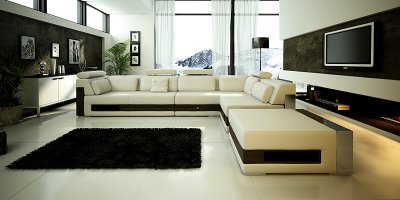 White Leather Modern Sectional Sofa & Ottoman w/Drawers