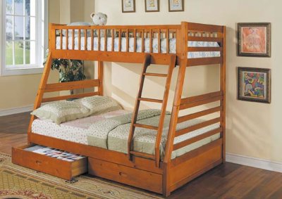 Honey Oak Finish Kid's Bunk Bed With Two Sizes