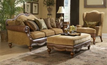 Tan Chenille w/Brown Bonded Leather Classic Sofa [HES-3539]